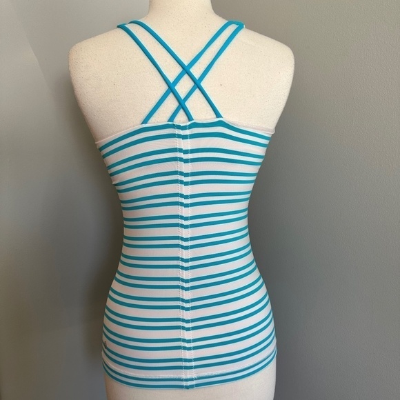 Lululemon 4 Free To Be Tank Top Twin Stripe Spry Blue Cross Back Strappy Workout - Picture 3 of 8